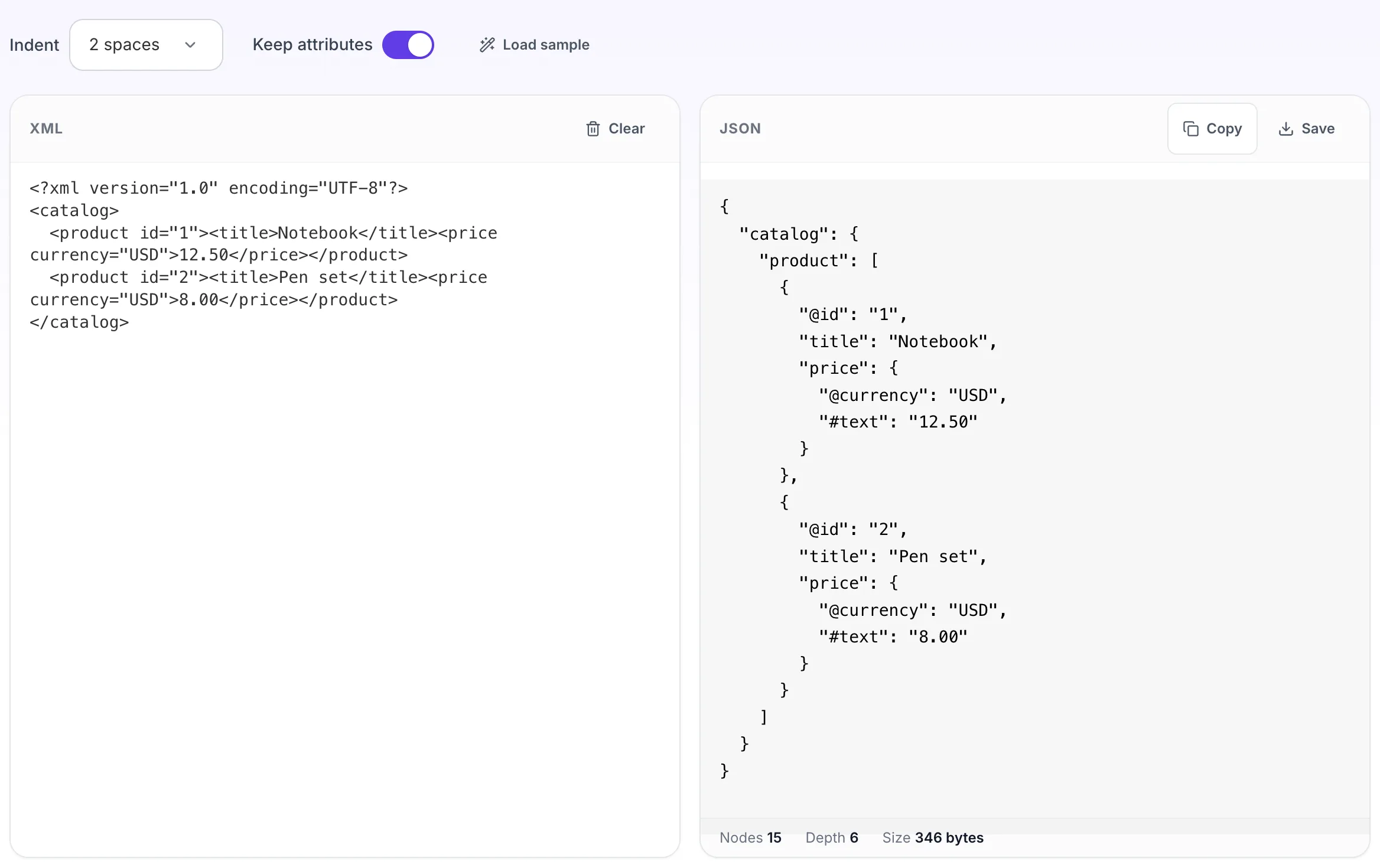 XML to JSON Converter showing its result