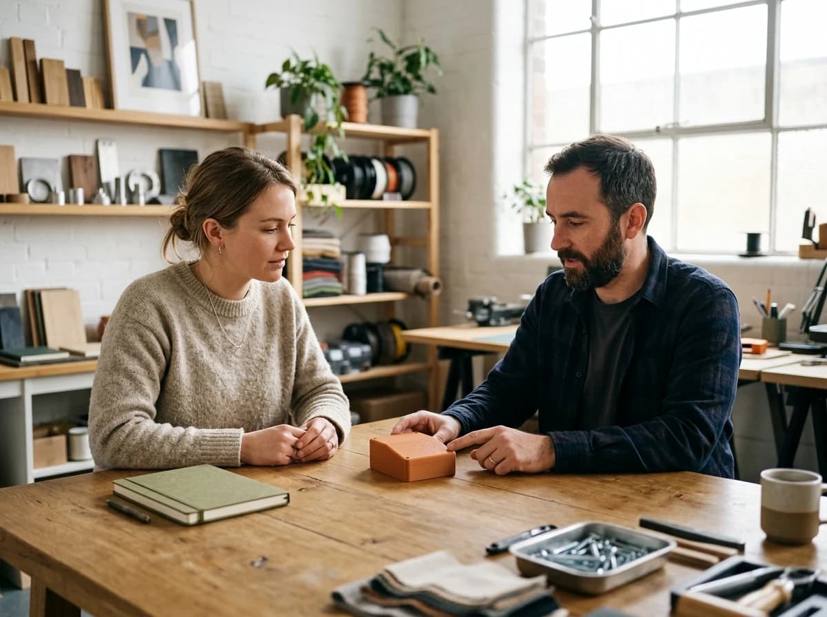 Two adults discussing a printed prototype at a studio table.