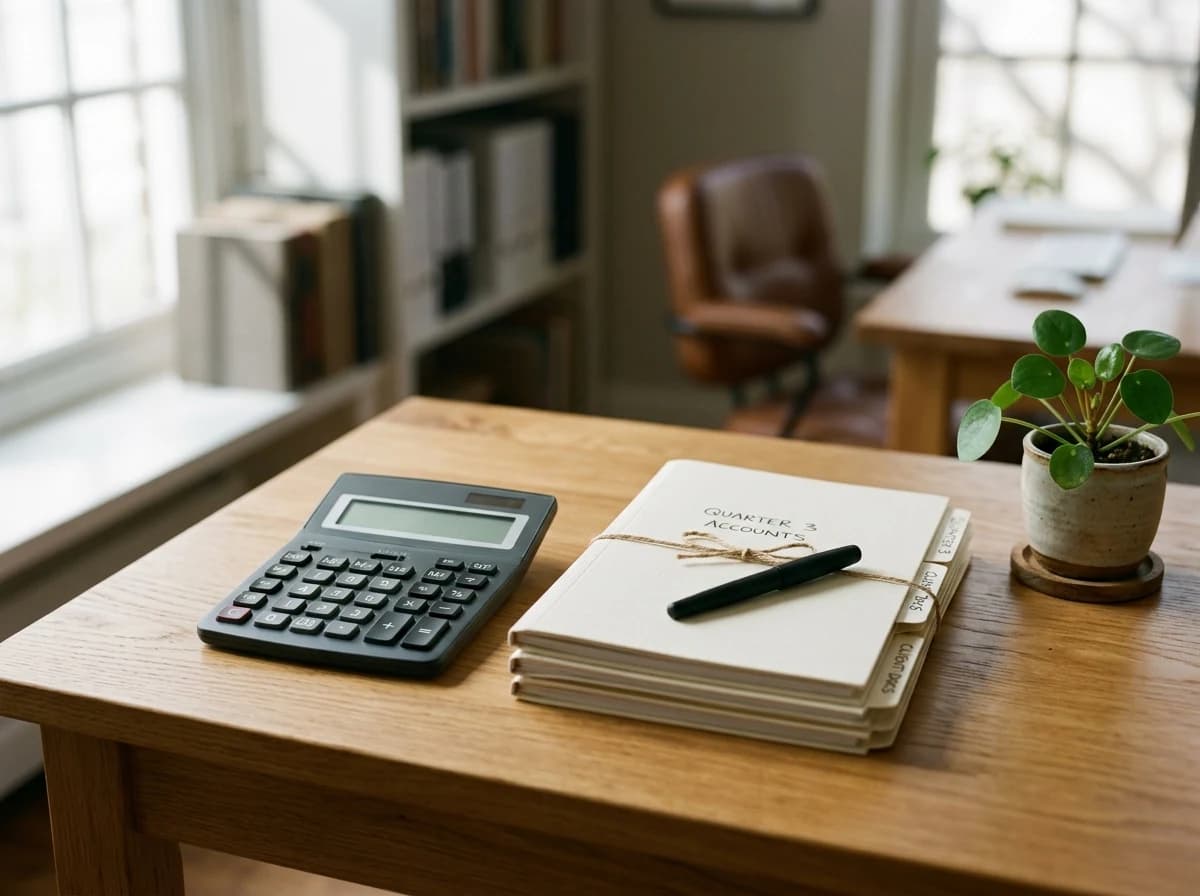 Unbranded desktop calculator, neat paper files and a pen in a bright accounting office