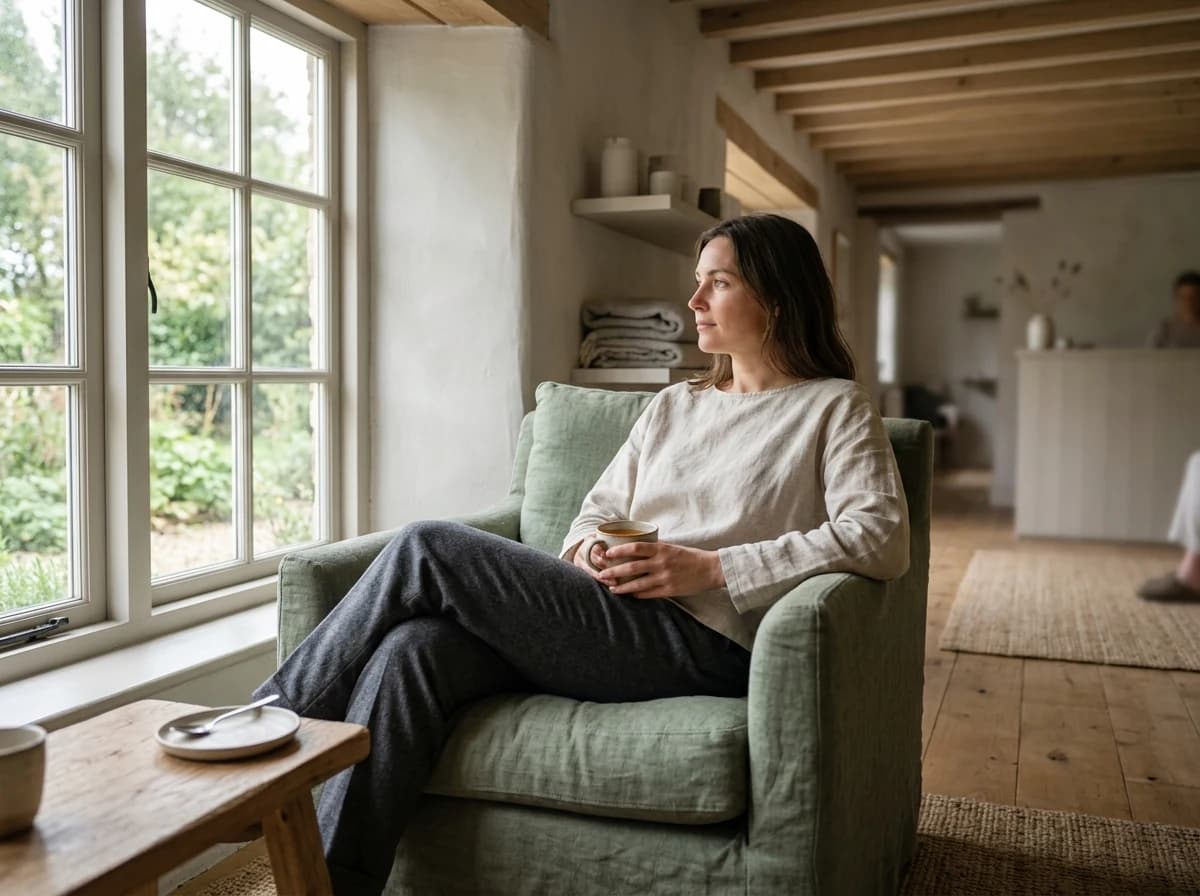 A fictional adult fully clothed in comfortable neutral clothing relaxing in a soft armchair beside a window in a calm wellness clinic, herbal tea nearby.