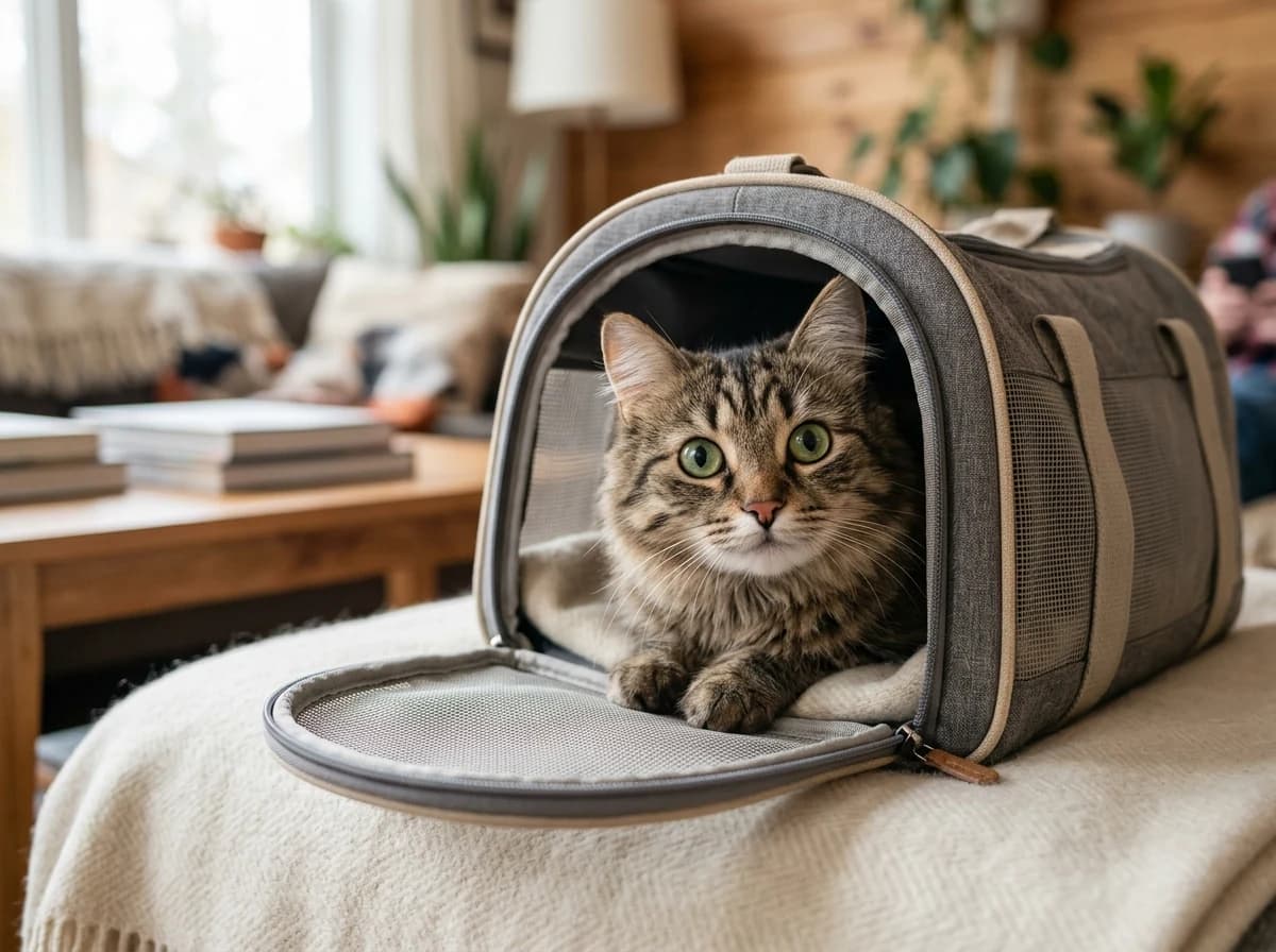 A fluffy tabby cat peers curiously from a soft, open pet carrier, its eyes wide with gentle curiosity. The carrier is placed on a clean, light-colored blanket, suggesting a safe and comfortable environment ready for transport or adoption. Soft, diffused indoor lighting illuminates the cat's fur.