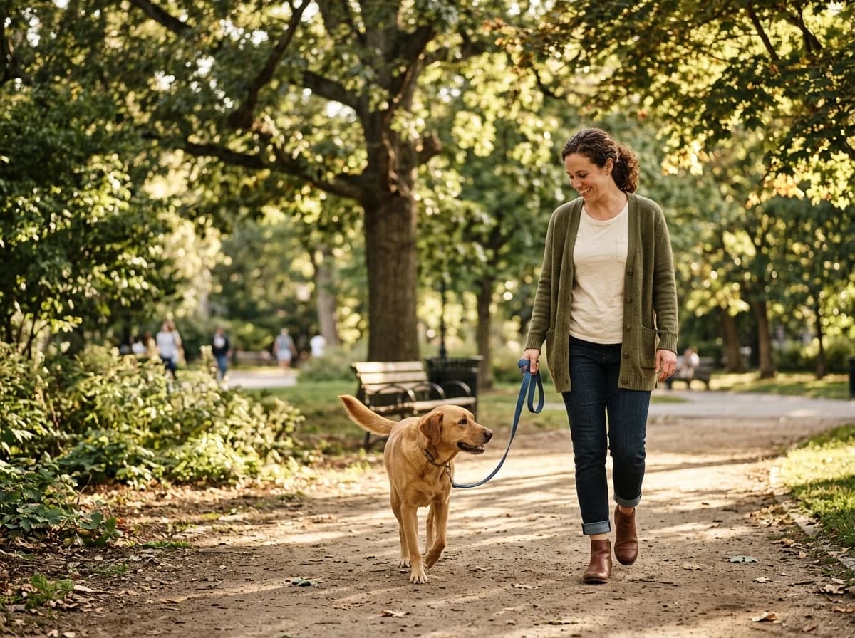 An adult happily walks a medium-sized dog on a leash through a sunlit park path, seen from a slight distance. Both appear relaxed and connected, enjoying the shared experience in a natural, outdoor setting. The focus is on the positive interaction and the beginning of a new life together.
