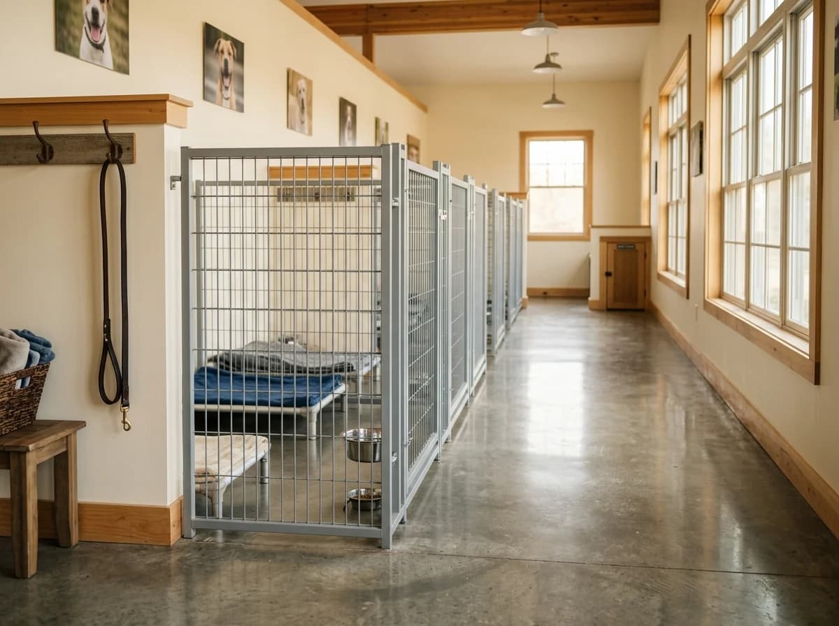 Well-lit interior of a clean animal rescue facility with multiple dog kennels, some with comfortable bedding and water bowls, bathed in warm natural light filtering through large windows. A single, empty leash hangs neatly on a hook by the entrance. The scene emphasizes space and order.