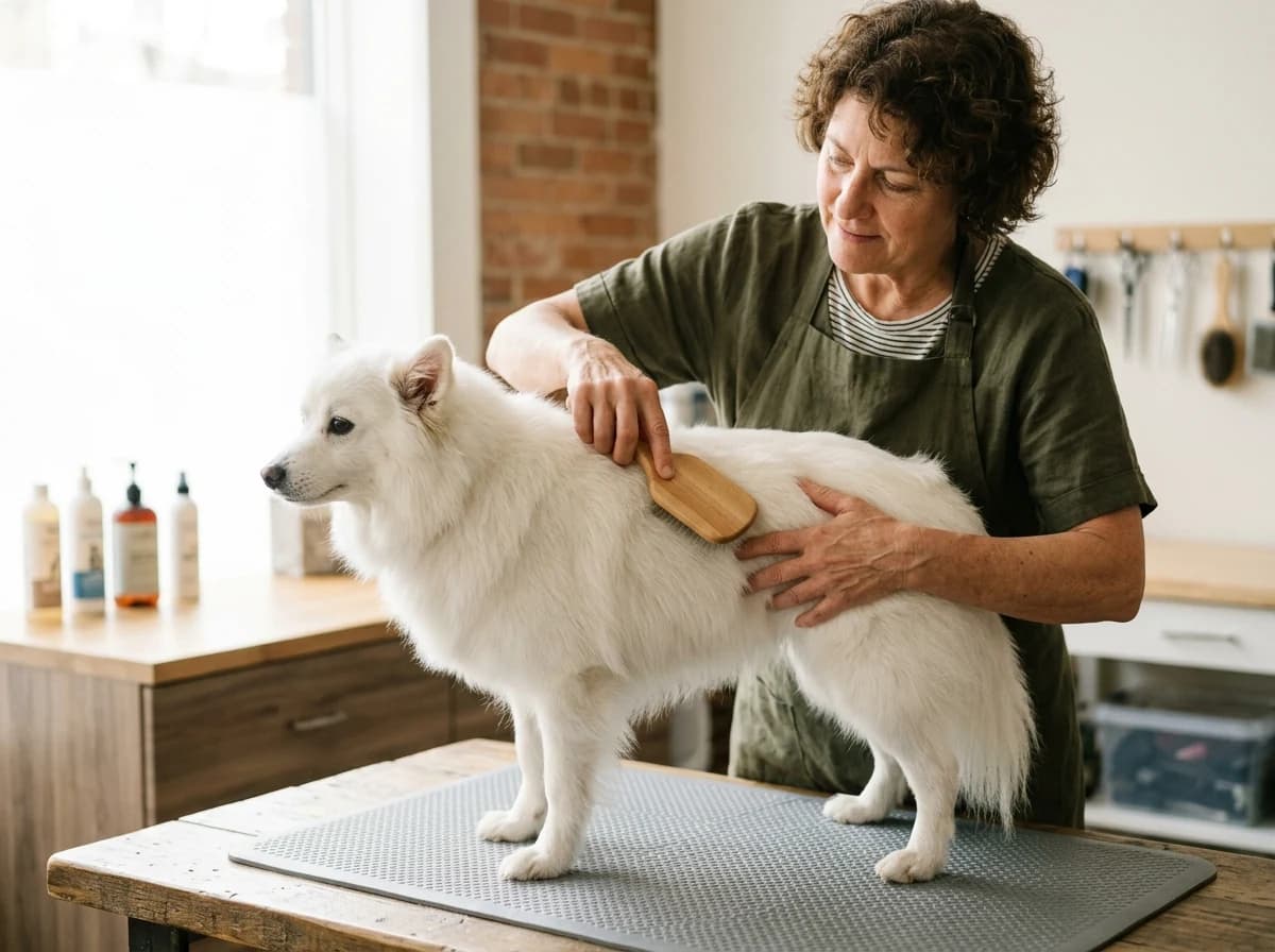 A kind-faced adult volunteer gently brushes a medium-sized dog with soft, white fur, focused on the grooming task. The volunteer's hands are visible, demonstrating care and attention. The dog stands patiently on a non-slip mat in a bright grooming area, bathed in soft, natural light. No recognizable logos.