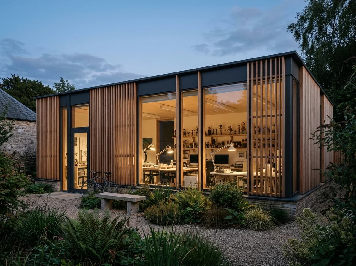 Modern animation studio facade with glass windows and warm interior lighting at dusk.