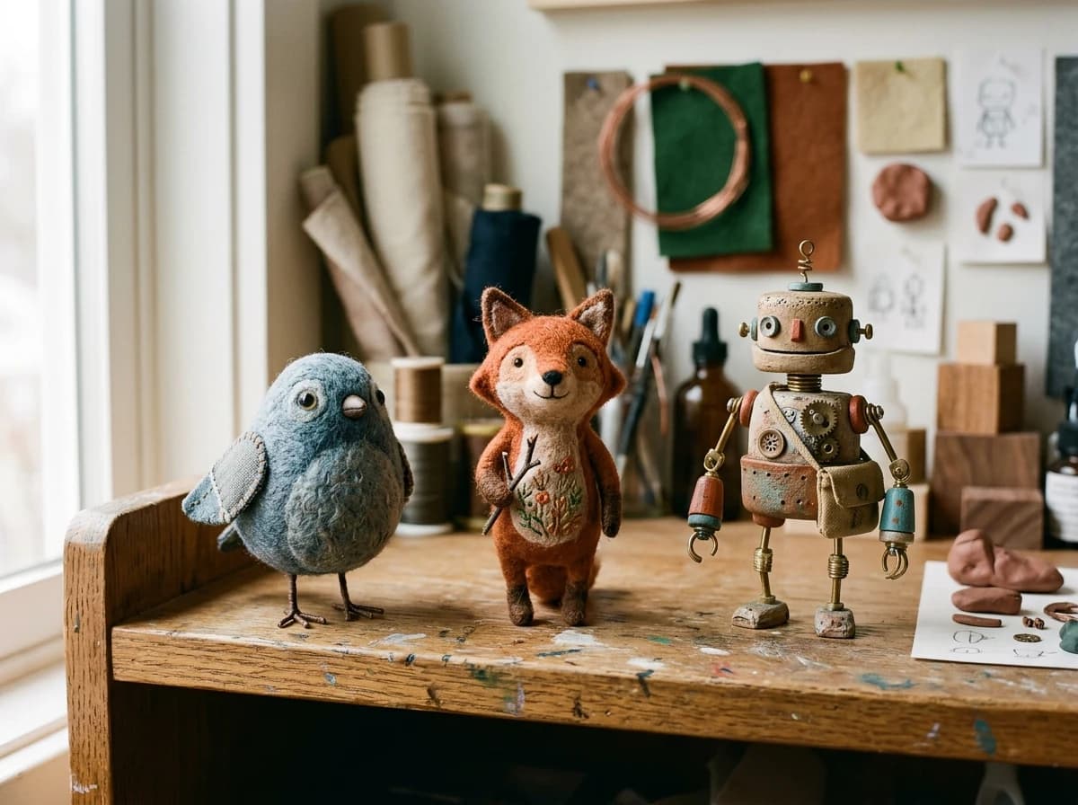 Three expressive handmade stop-motion character maquettes arranged on a studio shelf beside sculpting tools.