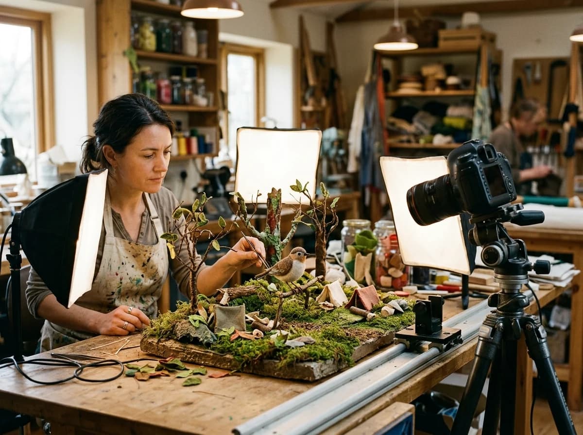 Camera and miniature woodland stop-motion set illuminated by small studio lights in an animation workshop.