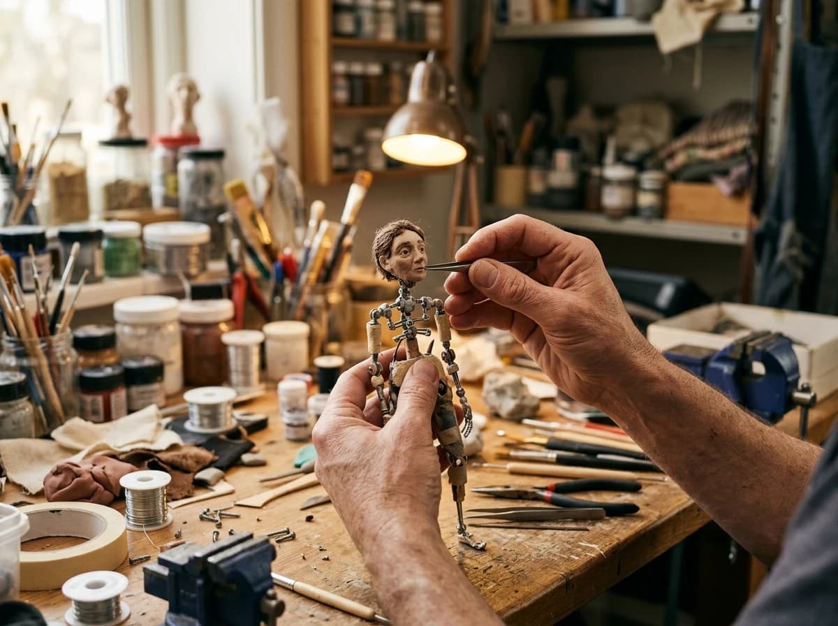 A pair of hands meticulously working on a small, unfinished stop-motion puppet in a workshop.