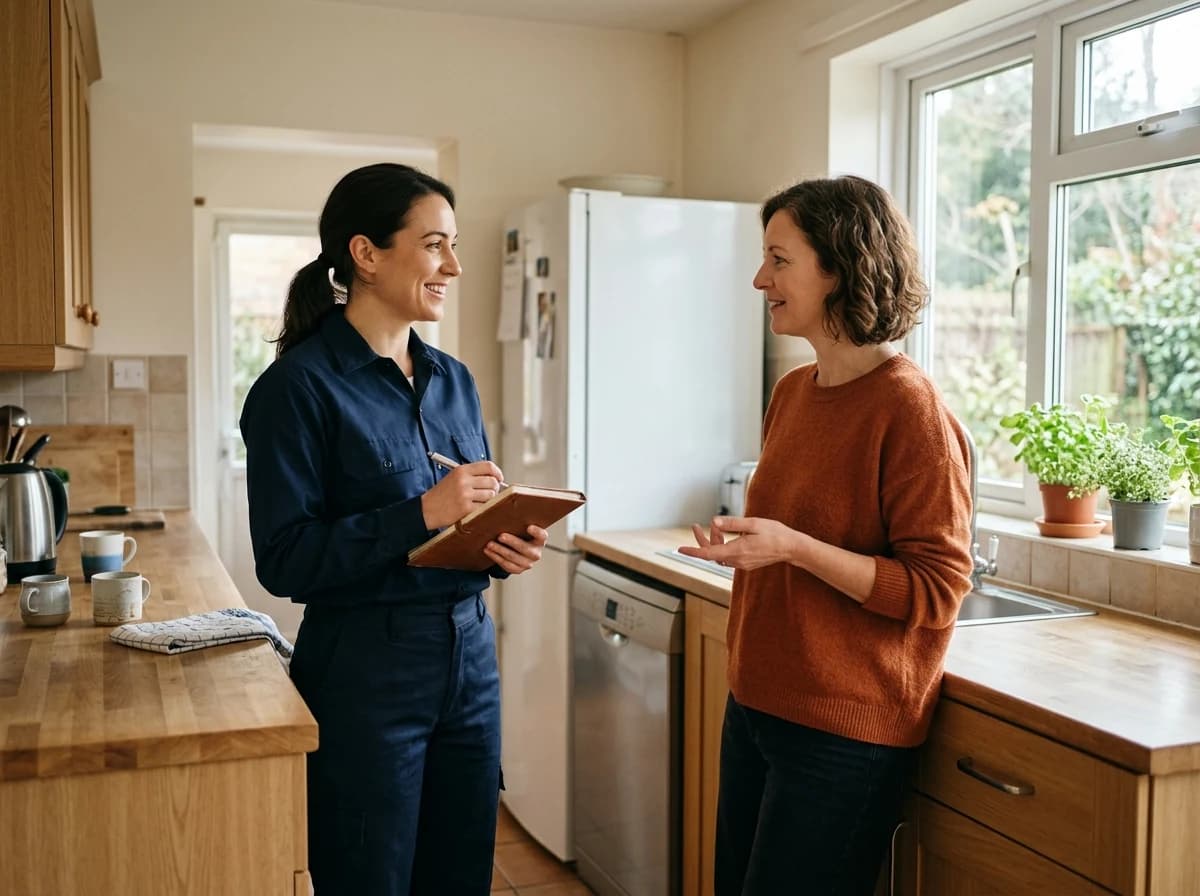 A technician speaking with a homeowner beside kitchen appliances.