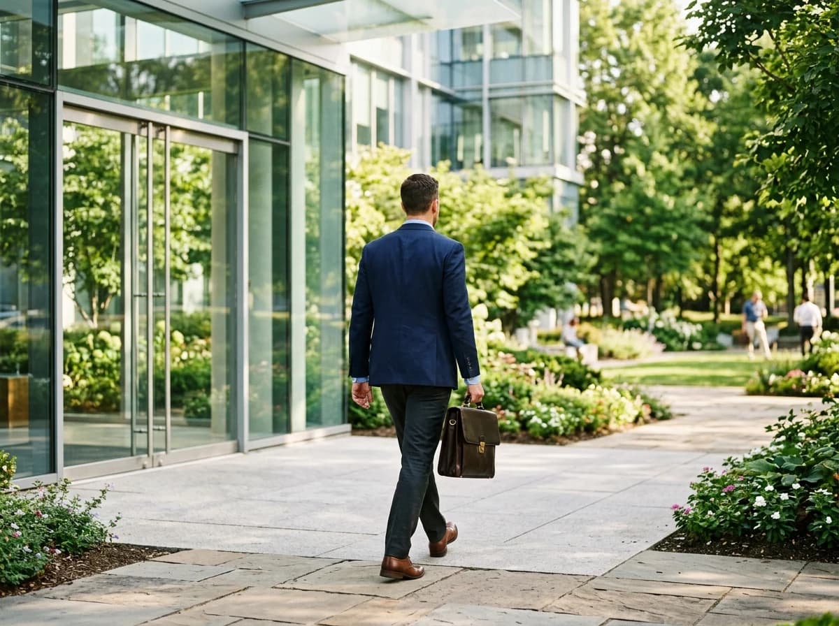 A person walking out of a sleek, modern glass building into a bright, leafy outdoor courtyard.