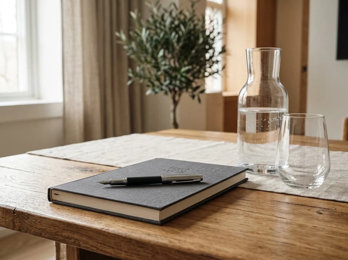A neatly arranged welcome tray on a desk featuring a linen notebook, a designer pen, and a glass of water.