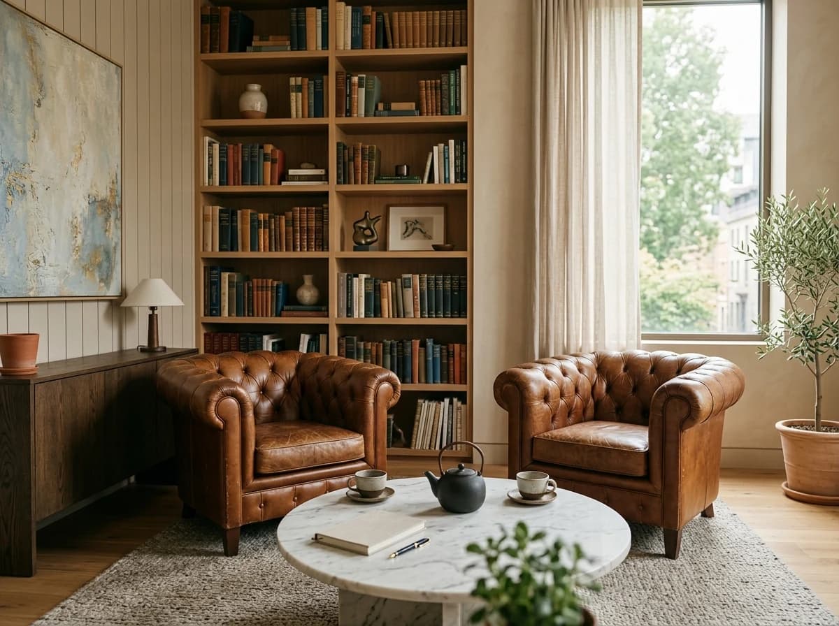 A sophisticated professional office with mid-century modern furniture, soft lighting, and a large window overlooking a city park.