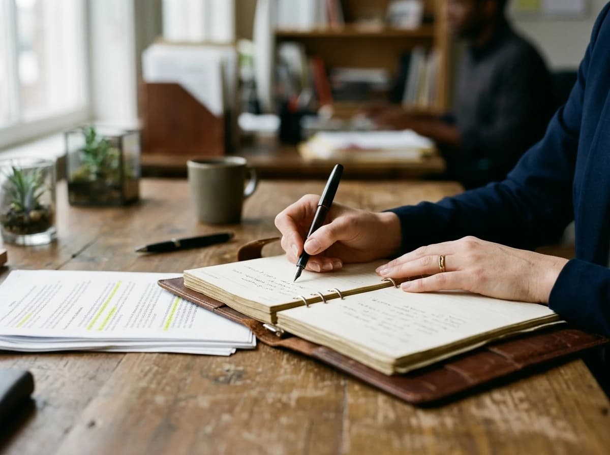 Close-up of a professional's hands organizing a leather-bound daily planner and checking notes with a silver pen.