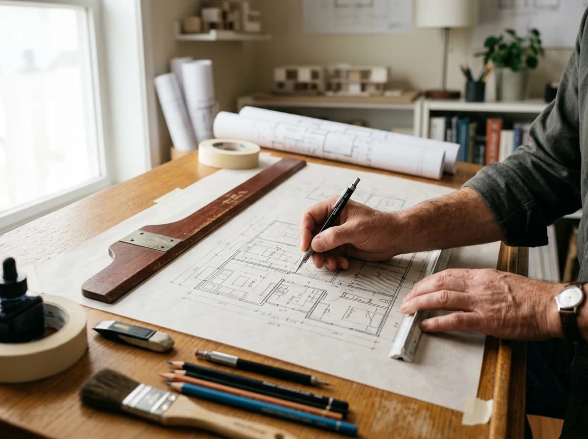 Architect's hands using a T-square and pencil to hand-draft a floor plan on vellum paper.