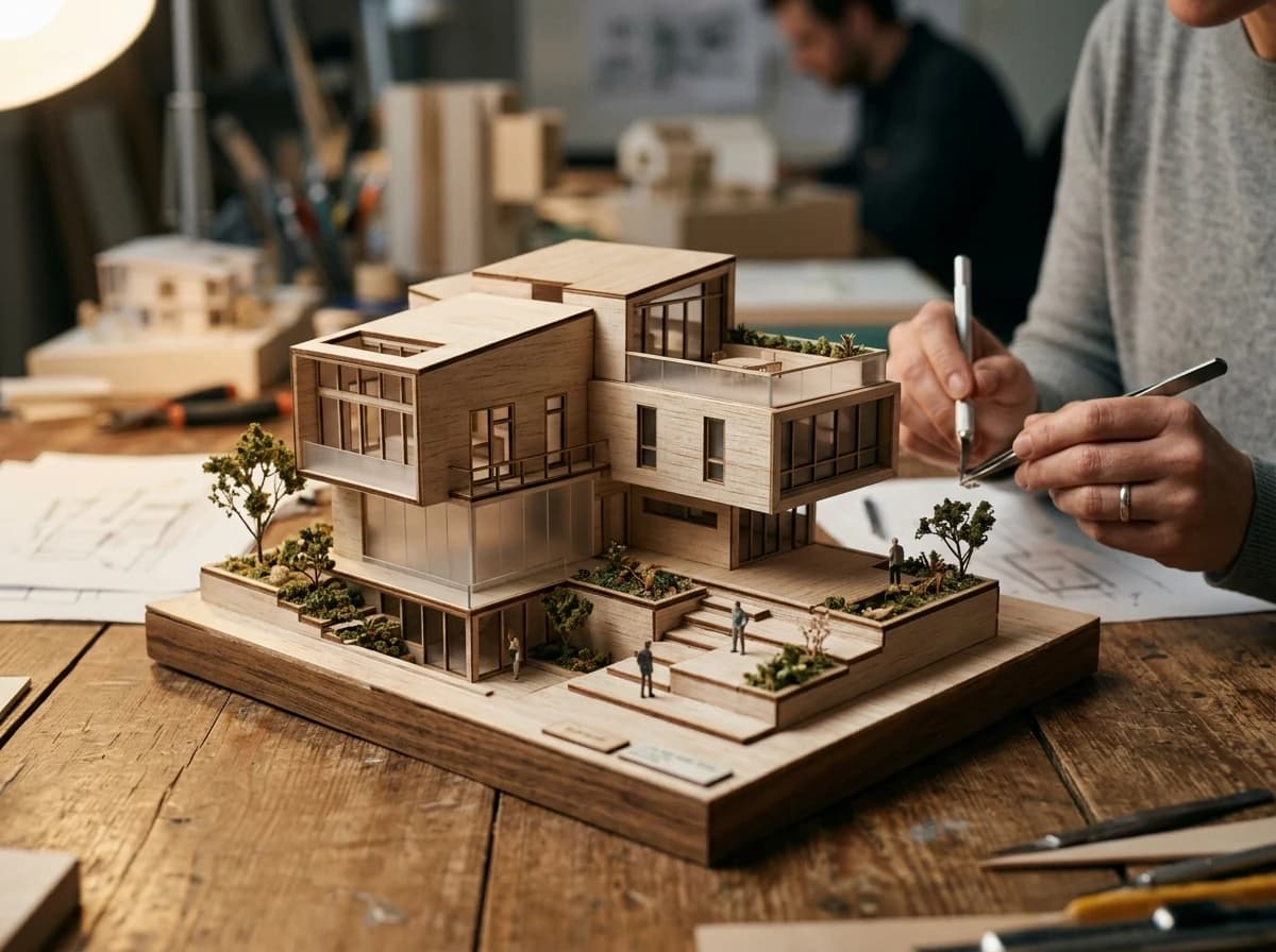 Close-up of an intricate architectural model made of balsa wood and foam board, showing structural details.