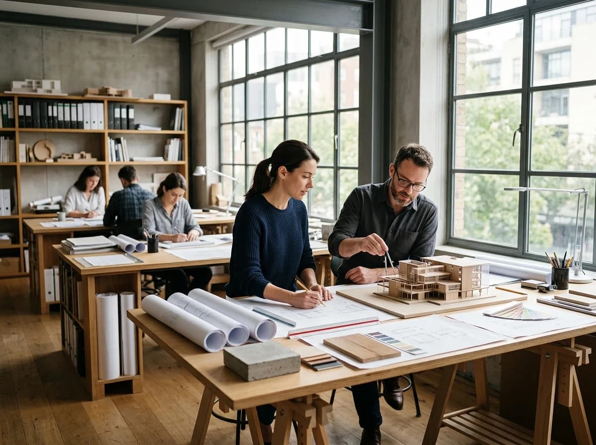 A bustling, modern architecture studio with drawing tables, material samples, and natural light.