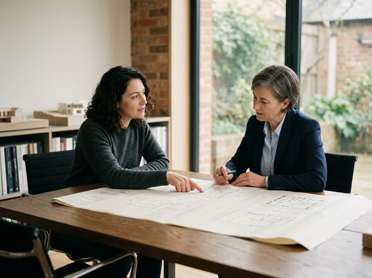 Adult client reviewing large, rolled blueprints with an architect, discussing details in a comfortable meeting space.