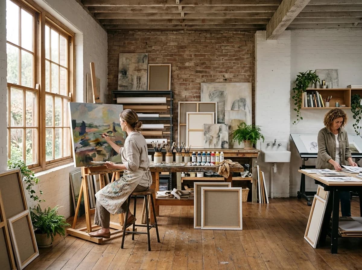 Well-lit art studio with canvases, paints, brushes, and natural light streaming in.