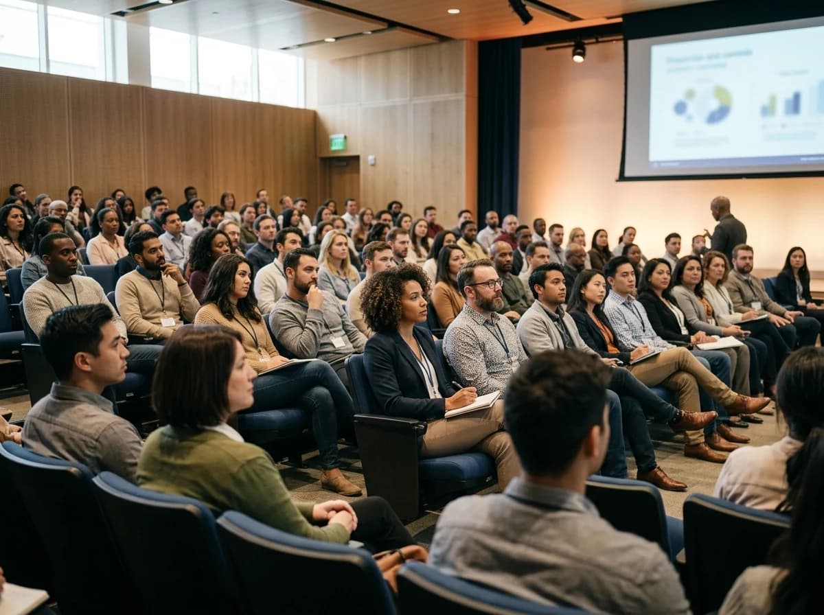 Diverse group of adults listening attentively to a speaker in a well-lit auditorium.