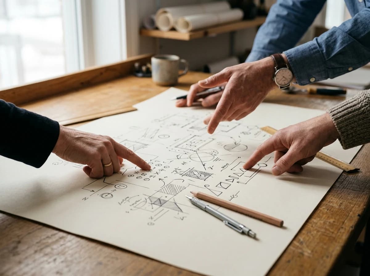 Multiple adult hands pointing at a complex diagram drawn on a large sheet of paper.
