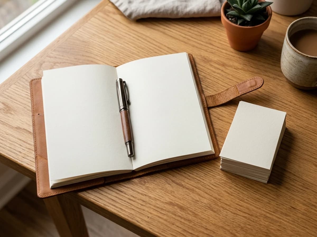 Clean arrangement of a pen, a leather-bound notebook, and business cards on a wooden table.
