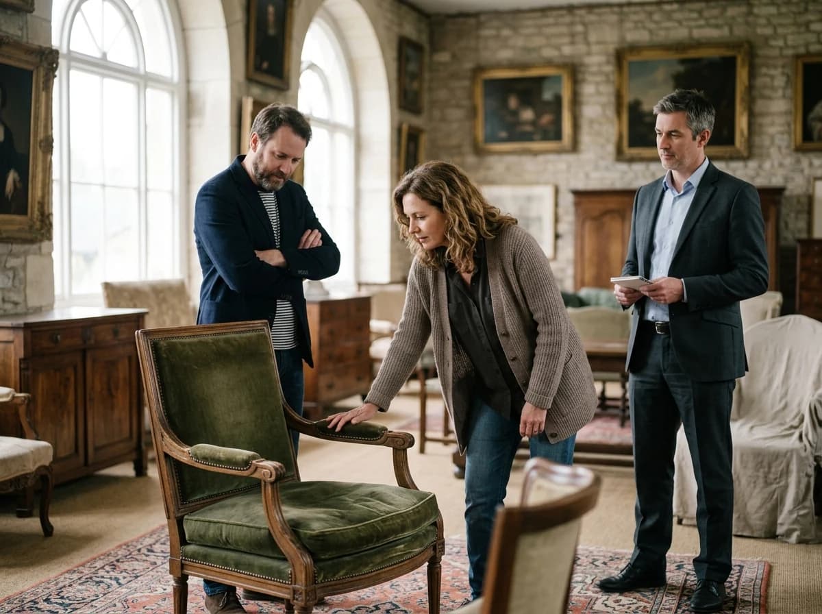 Visitors and a specialist examining a vintage armchair before an auction.