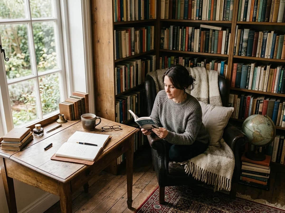 A warm and inviting author's writing nook with bookshelves, a comfortable chair, and a desk with a journal.