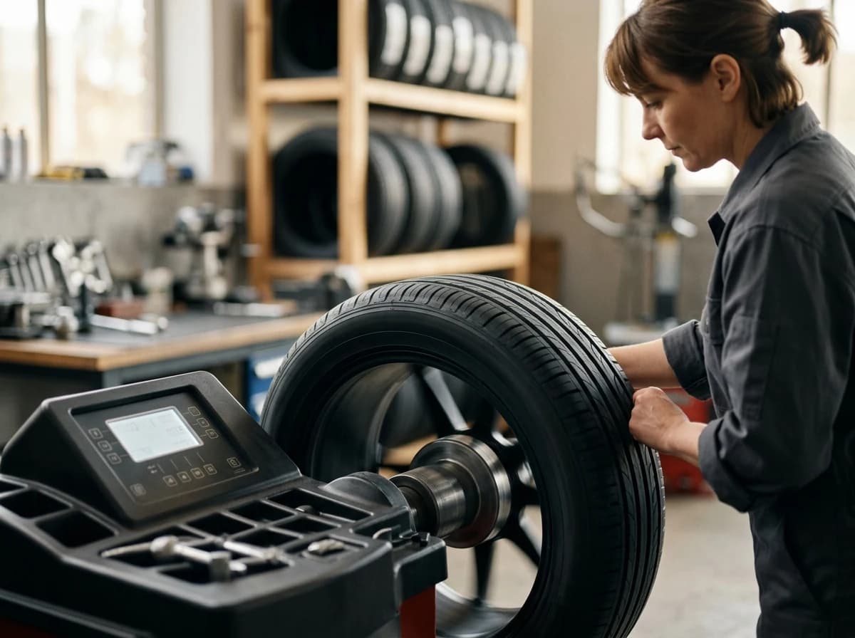 Close-up of a tire being balanced on a modern, precise balancing machine.