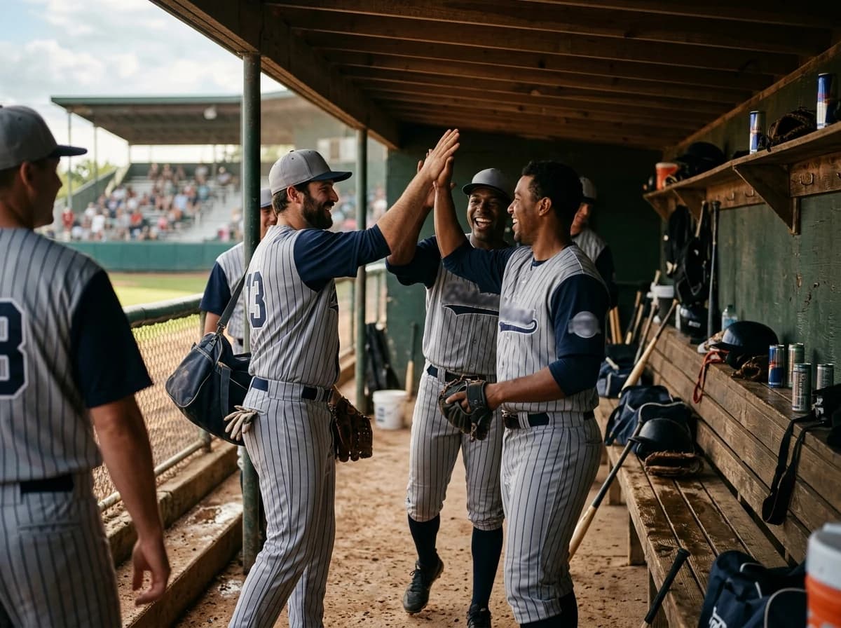Adult baseball players high-fiving in a dugout, celebrating a successful play.