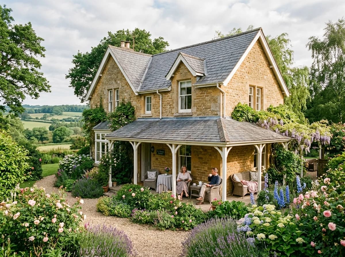 Charming, historic countryside bed and breakfast with a welcoming porch and blooming garden.