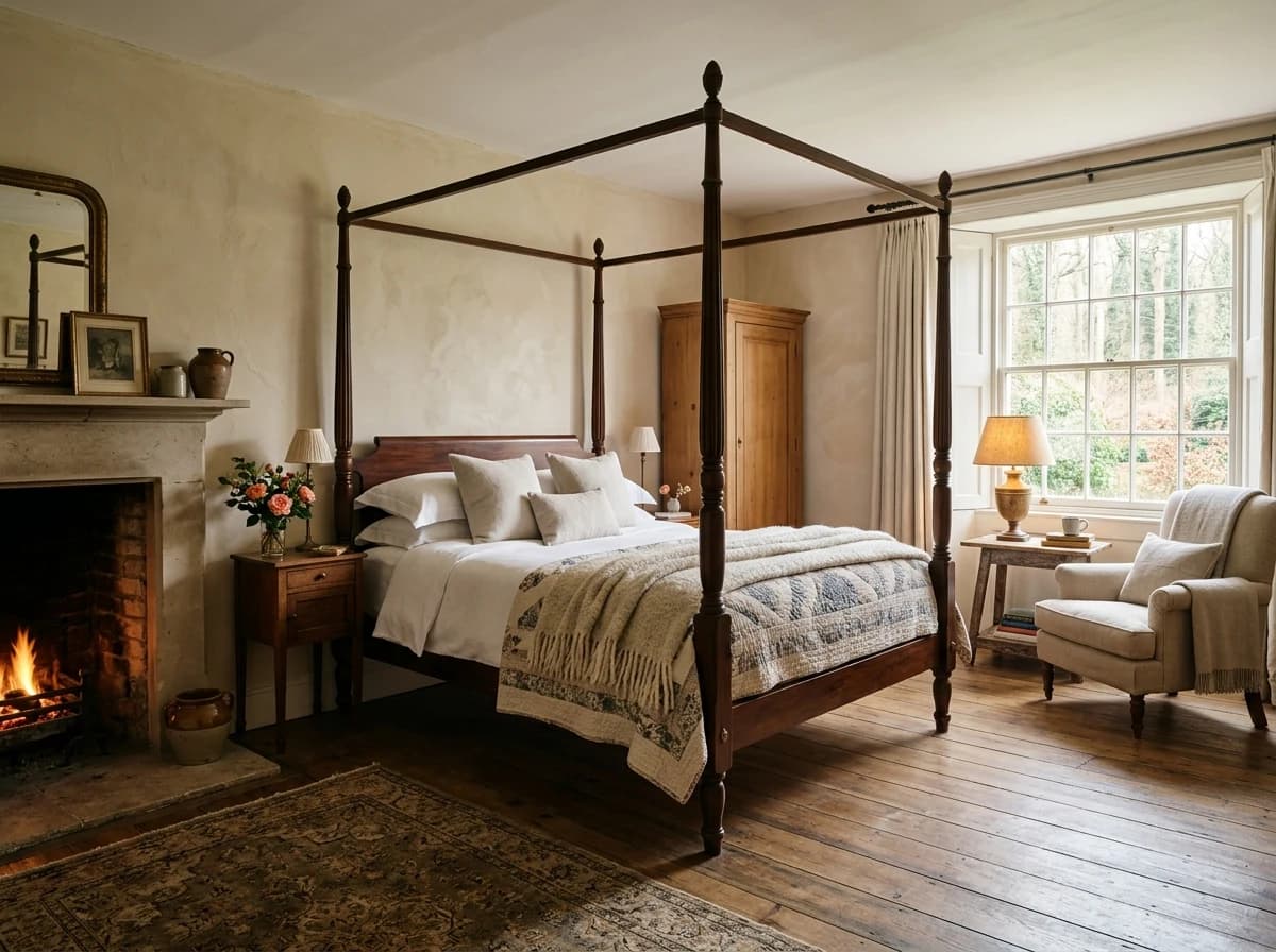 Beautifully appointed guest room with a four-poster bed, antique furniture, and soft lighting.
