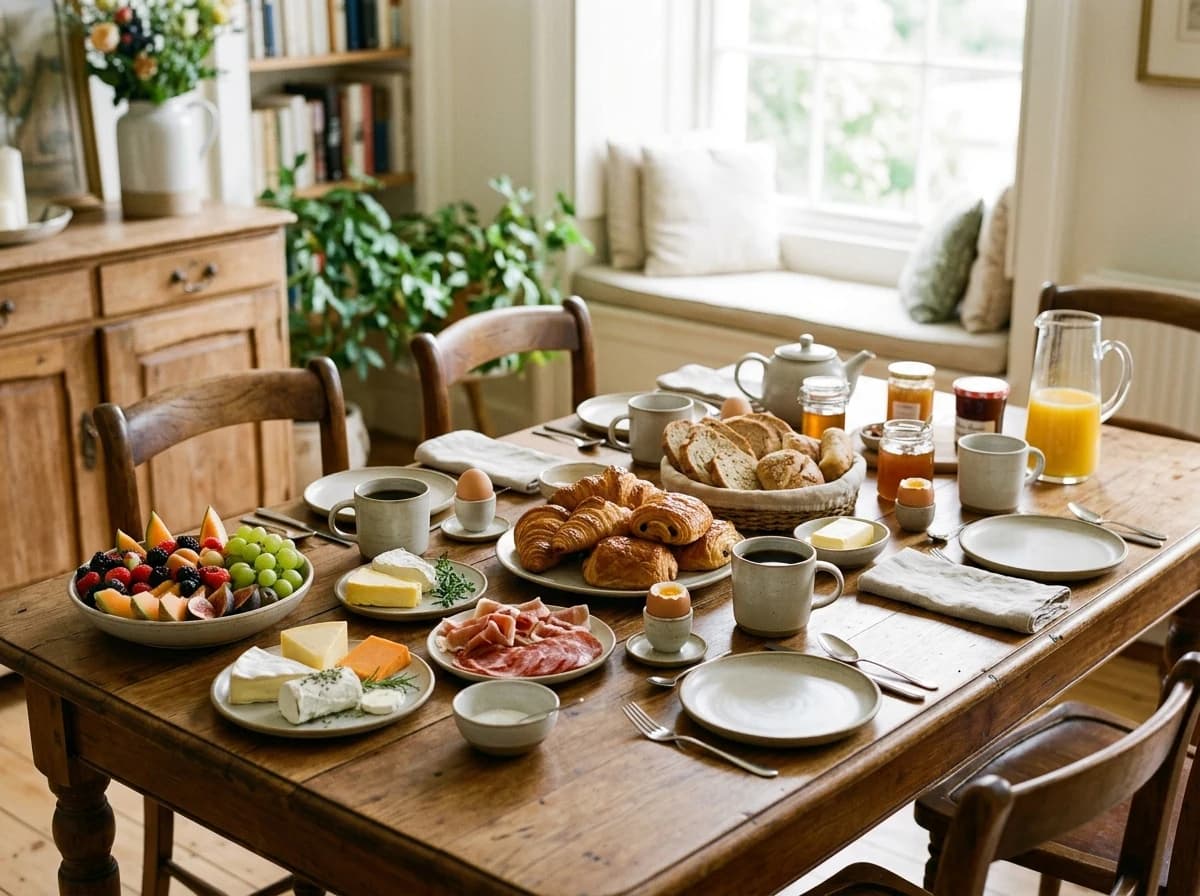 Beautifully arranged gourmet breakfast with fresh pastries, fruit, and coffee on a dining table.