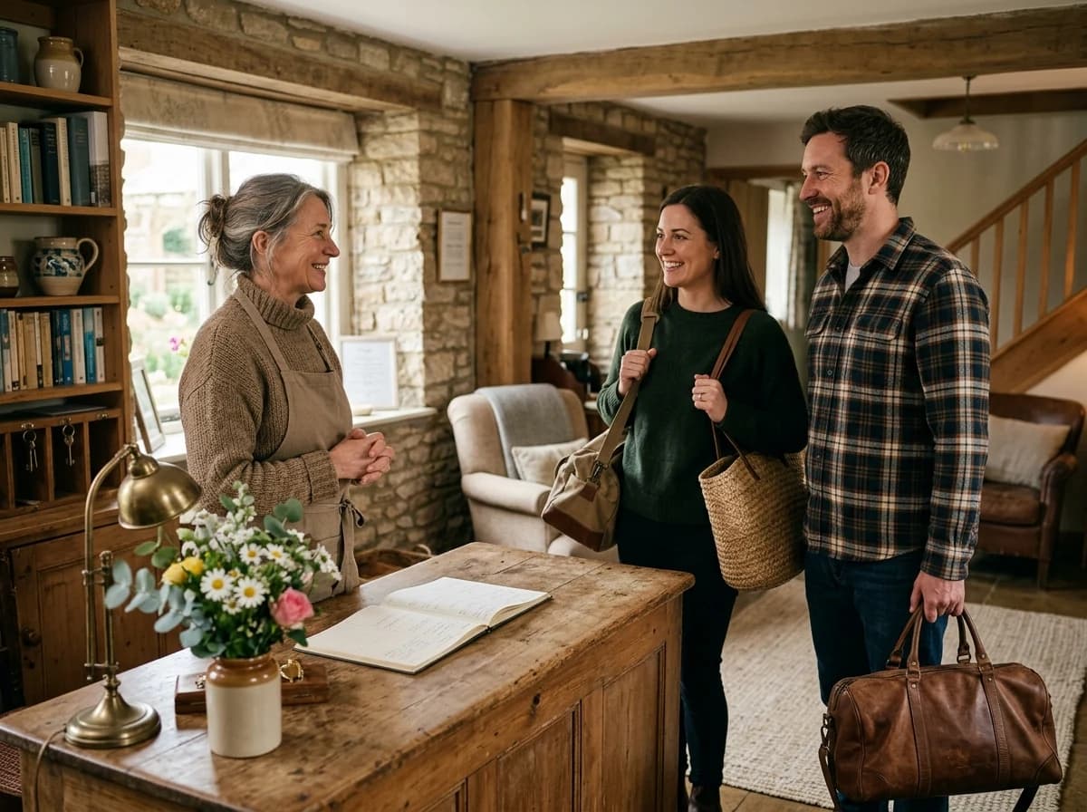 Friendly innkeeper warmly greeting arriving guests in the charming reception area of a B&B.