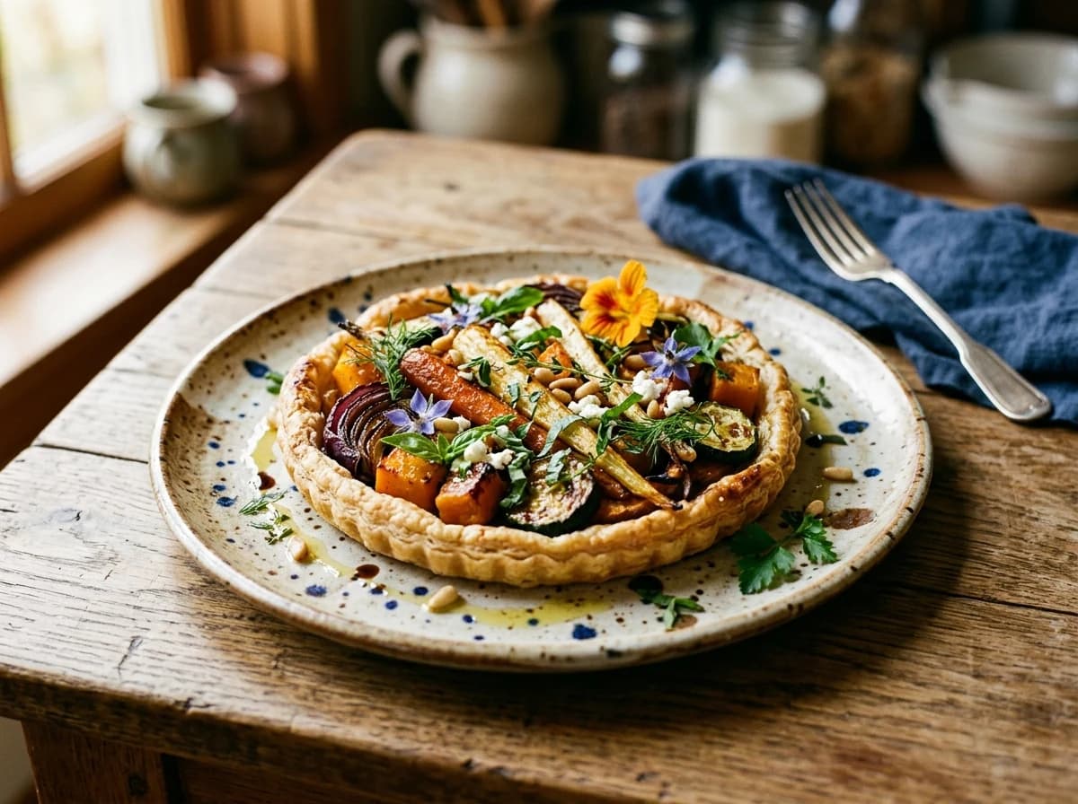 A beautifully plated gourmet dish, possibly a roasted vegetable tart with a vibrant fresh herb garnish, sits on a rustic wooden table. The focus is on the artistry of the food presentation, with rich colors and textures appealing to a culinary blog. Soft, overhead lighting enhances its visual appeal.