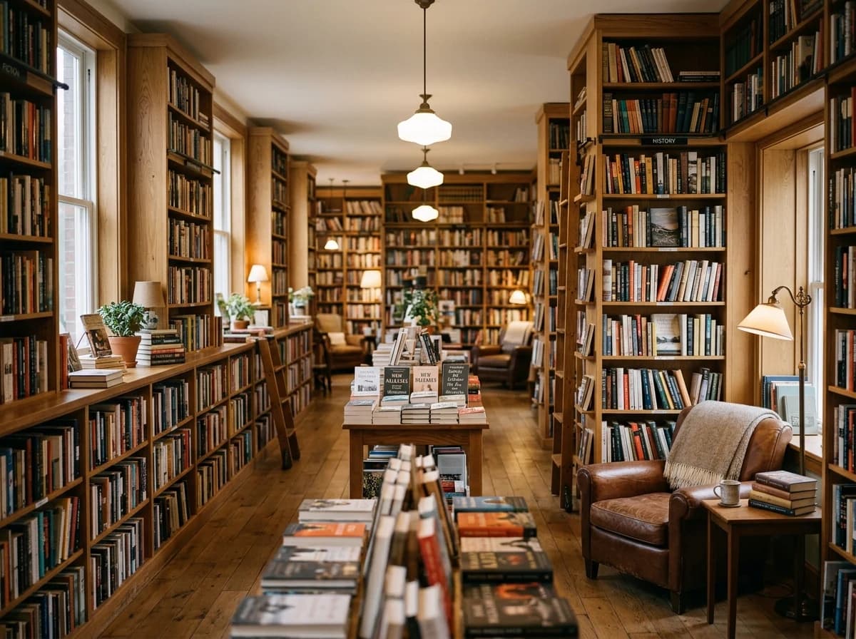 Warm and inviting interior of an independent bookstore with wooden shelves packed with books and comfortable reading nooks.