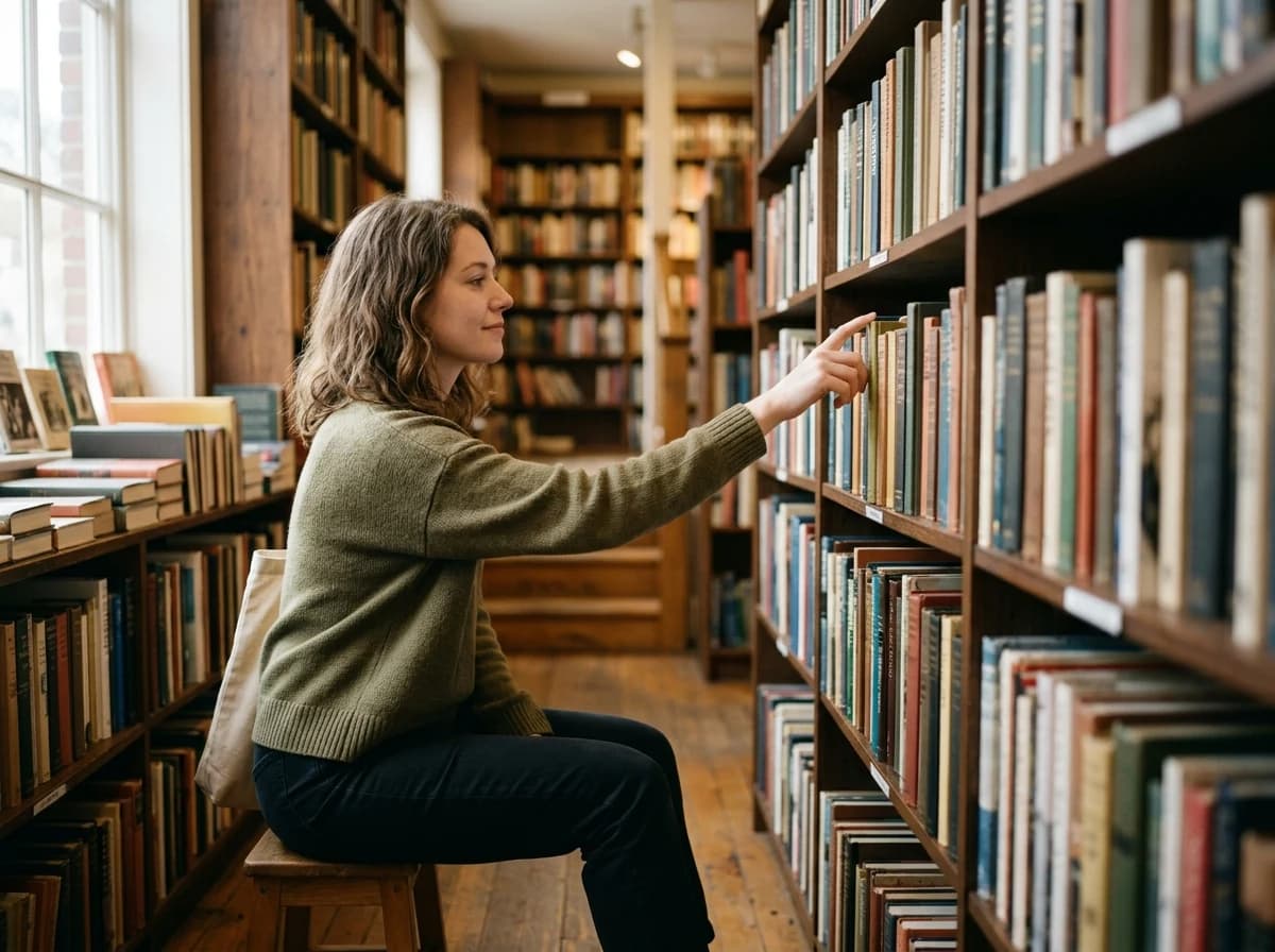 A person browsing a bookshelf in a quiet bookstore aisle, enjoying the discovery of new titles.