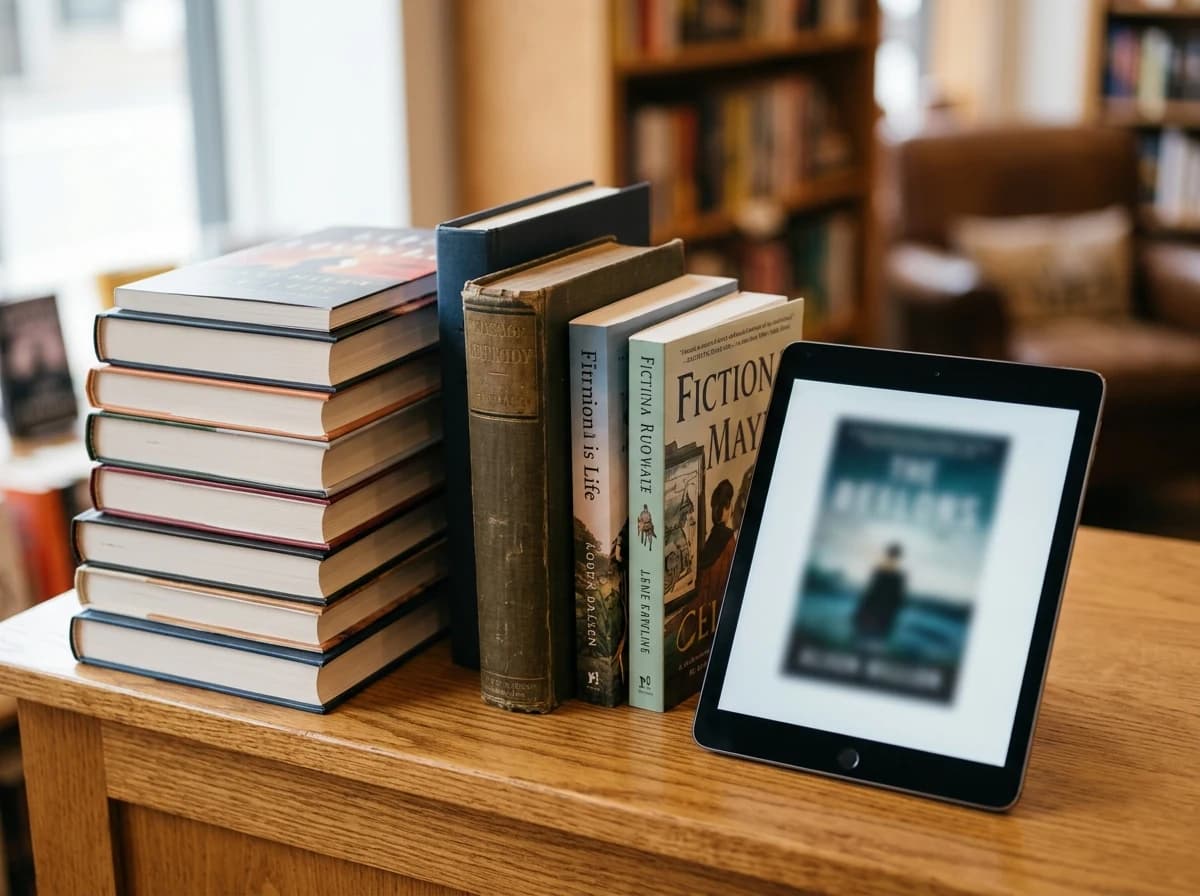 A curated display of diverse books including new releases, classics, and a tablet showing an ebook edition.