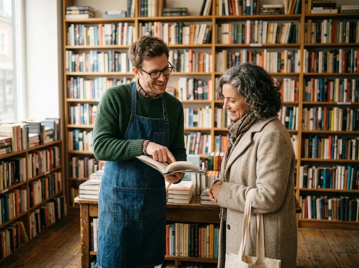 A knowledgeable bookstore employee happily recommending a book to a customer, engaged in a friendly conversation.