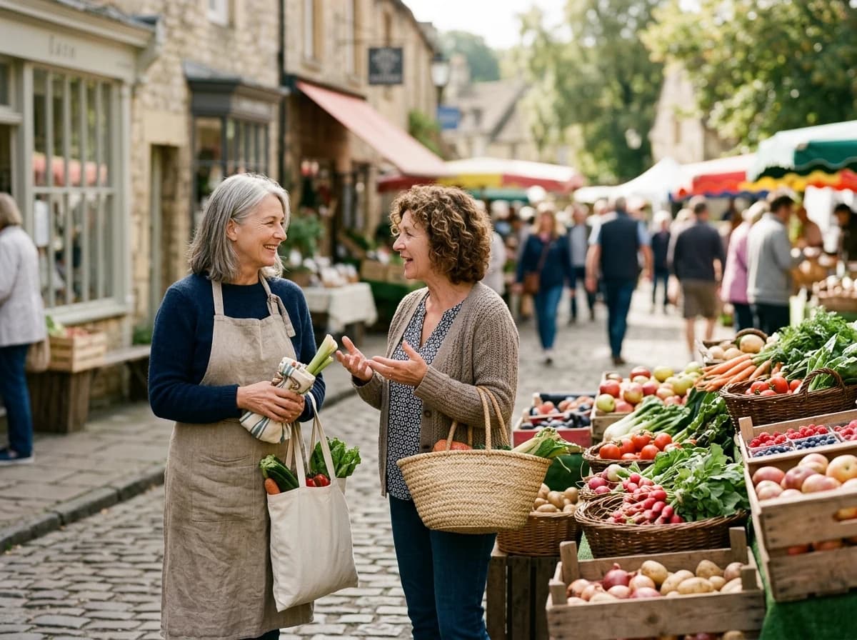 Two adult neighbors chatting at a small outdoor produce market with colorful fresh vegetables and shopfronts softly blurred behind.