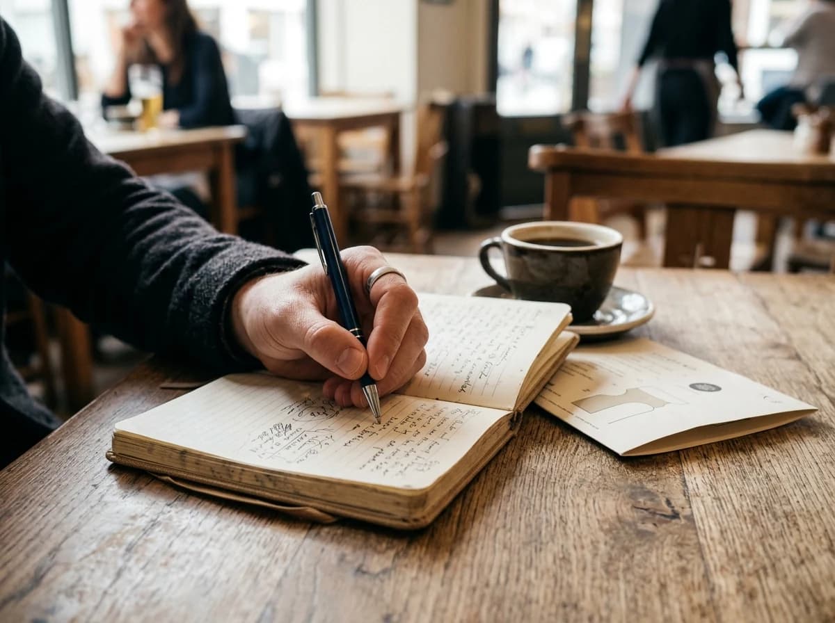 A hand taking notes in a notebook, with a coffee cup and a local business flyer.