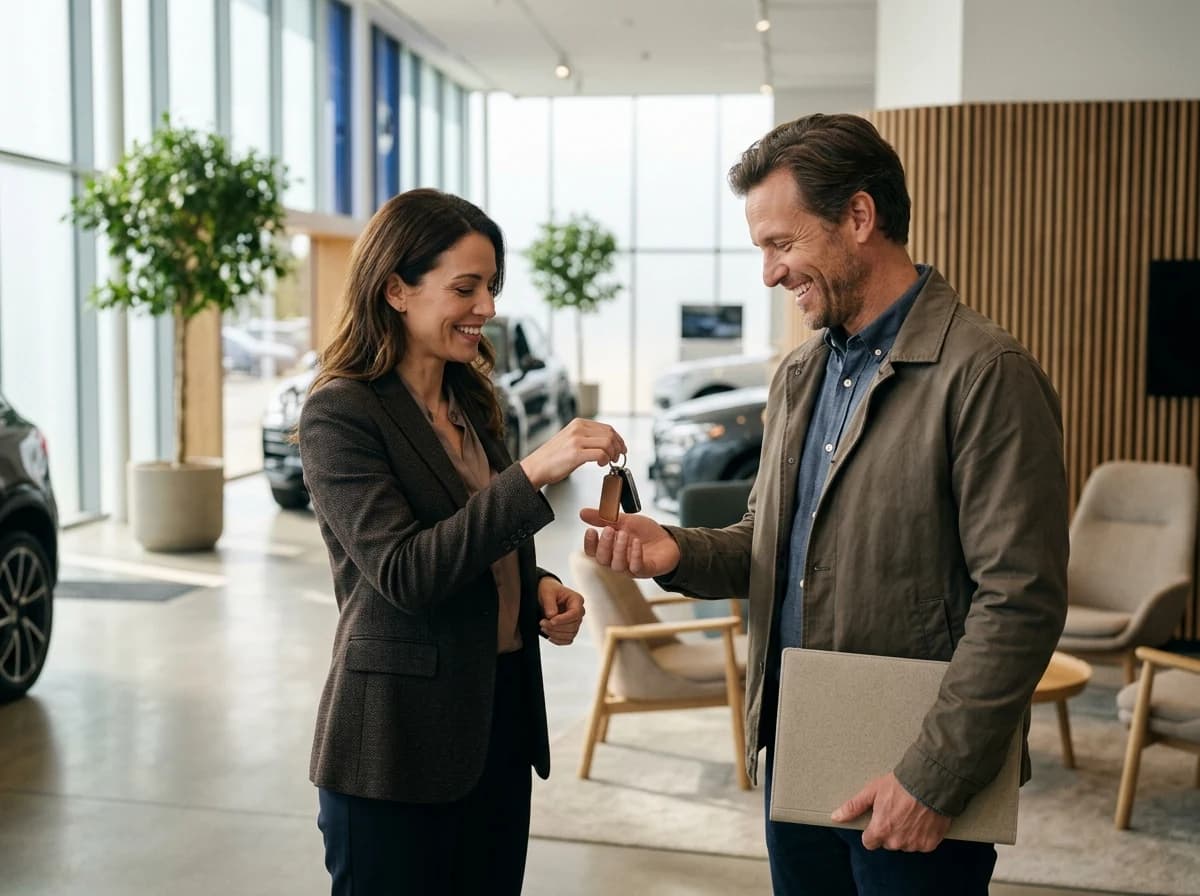 A dealership salesperson handing new car keys to a smiling customer in a bright, modern reception area.