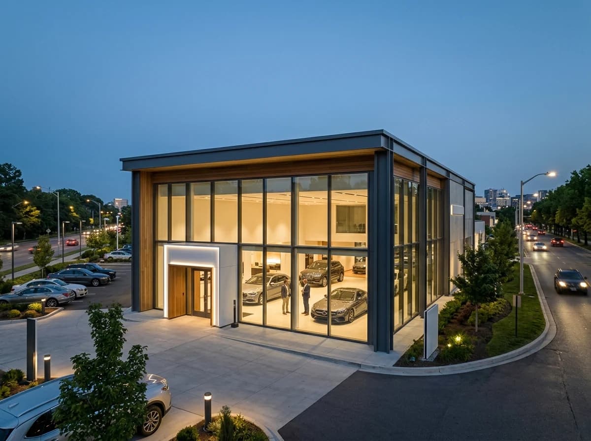 Sleek, modern car dealership showroom exterior at twilight, with large glass windows and illuminated cars inside.