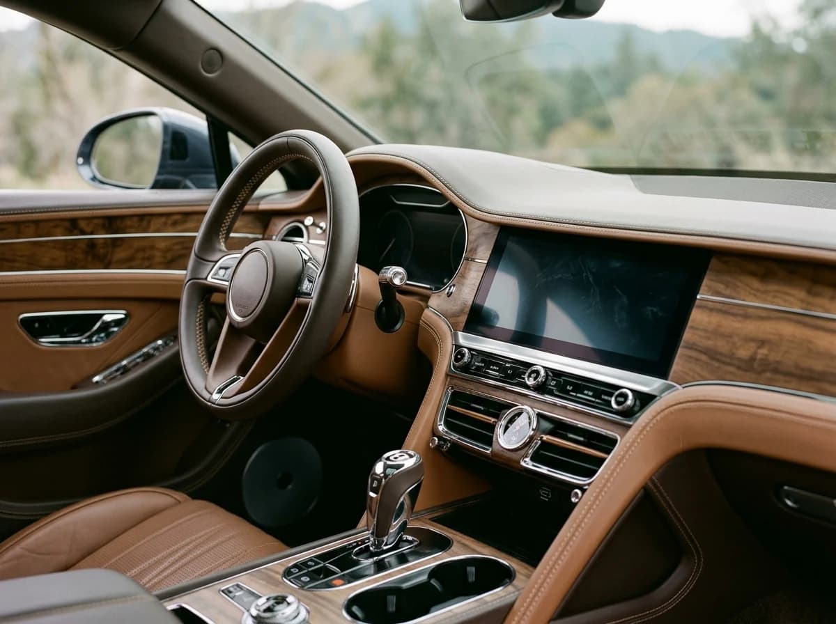 Close-up of a luxurious car interior, focusing on the dashboard and leather stitching, well-lit.
