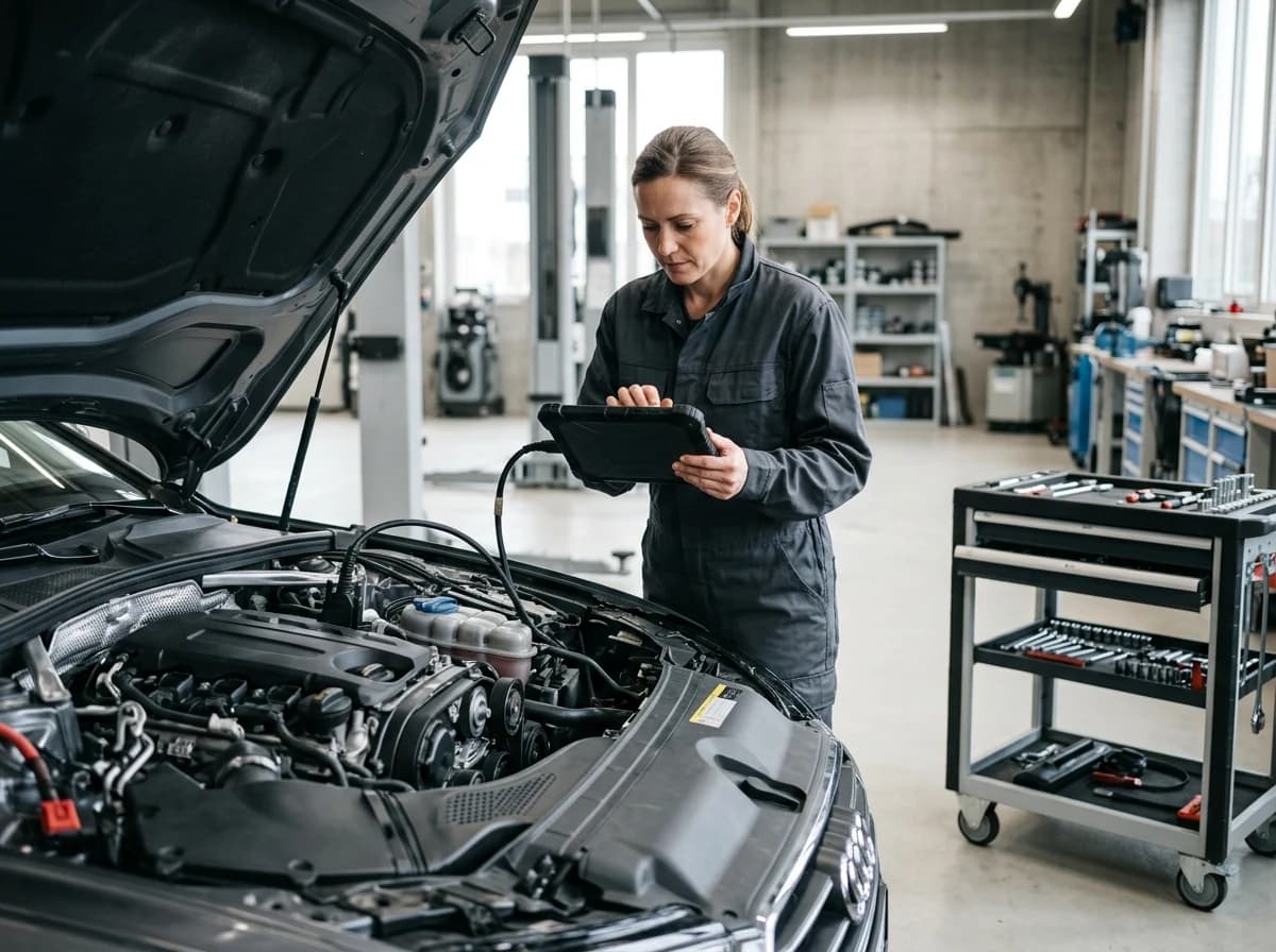 Automotive technician using a diagnostic tablet connected to a car engine in a well-equipped service bay.