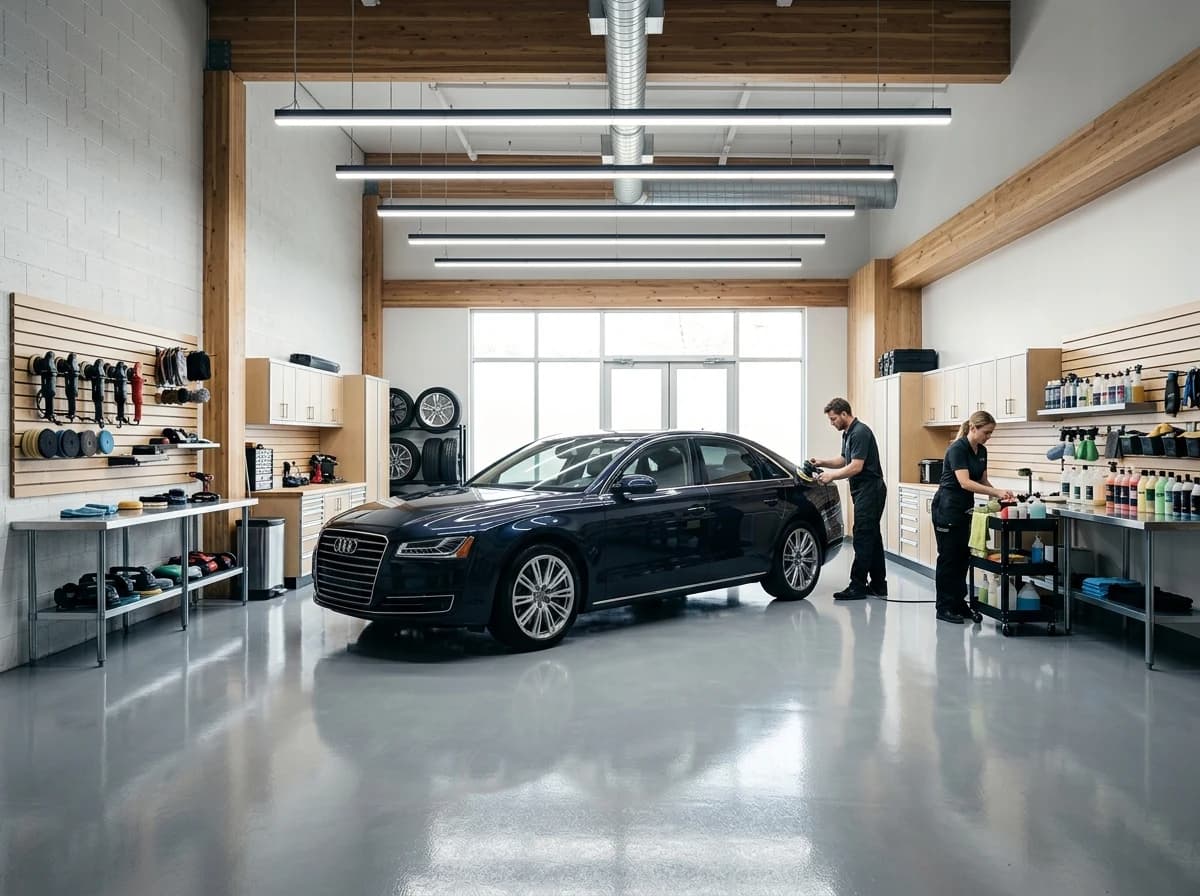Modern car detailing workshop interior with a luxury car being prepped under bright lights.
