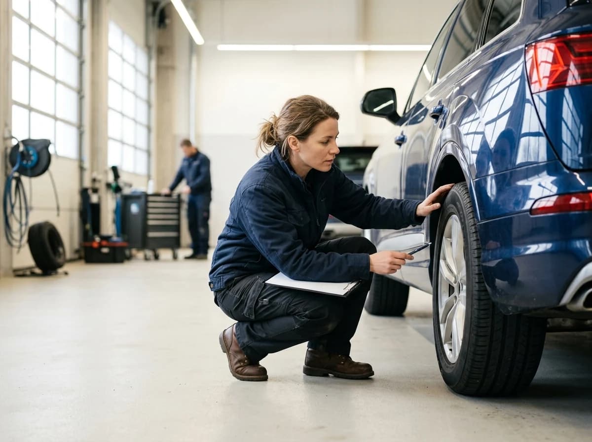 A rental employee inspecting a vehicle wheel in a preparation bay.
