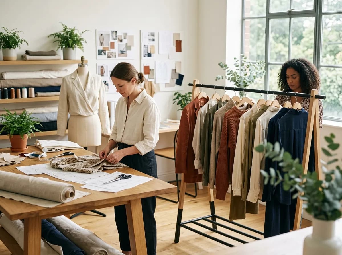A bright clothing studio with a garment rail, cutting table, fabric rolls and a dress form in natural light.