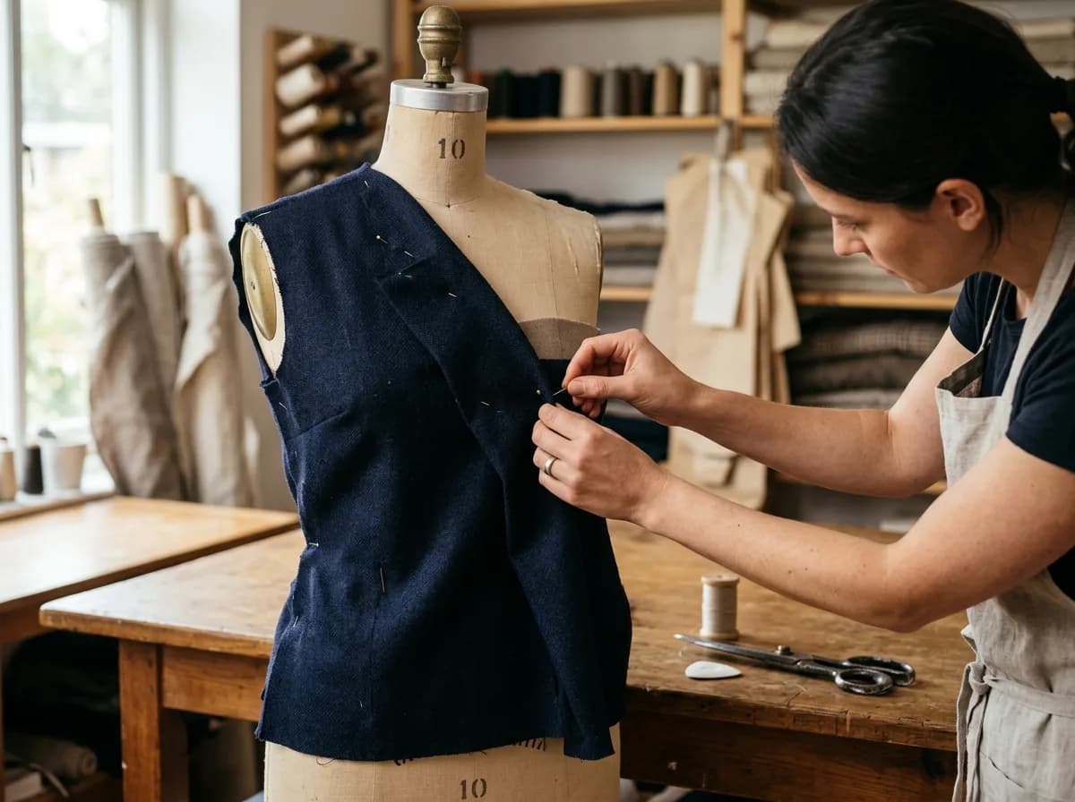 A designer's hands pinning fabric on a dress form beside tailor's chalk and shears on a workshop table.