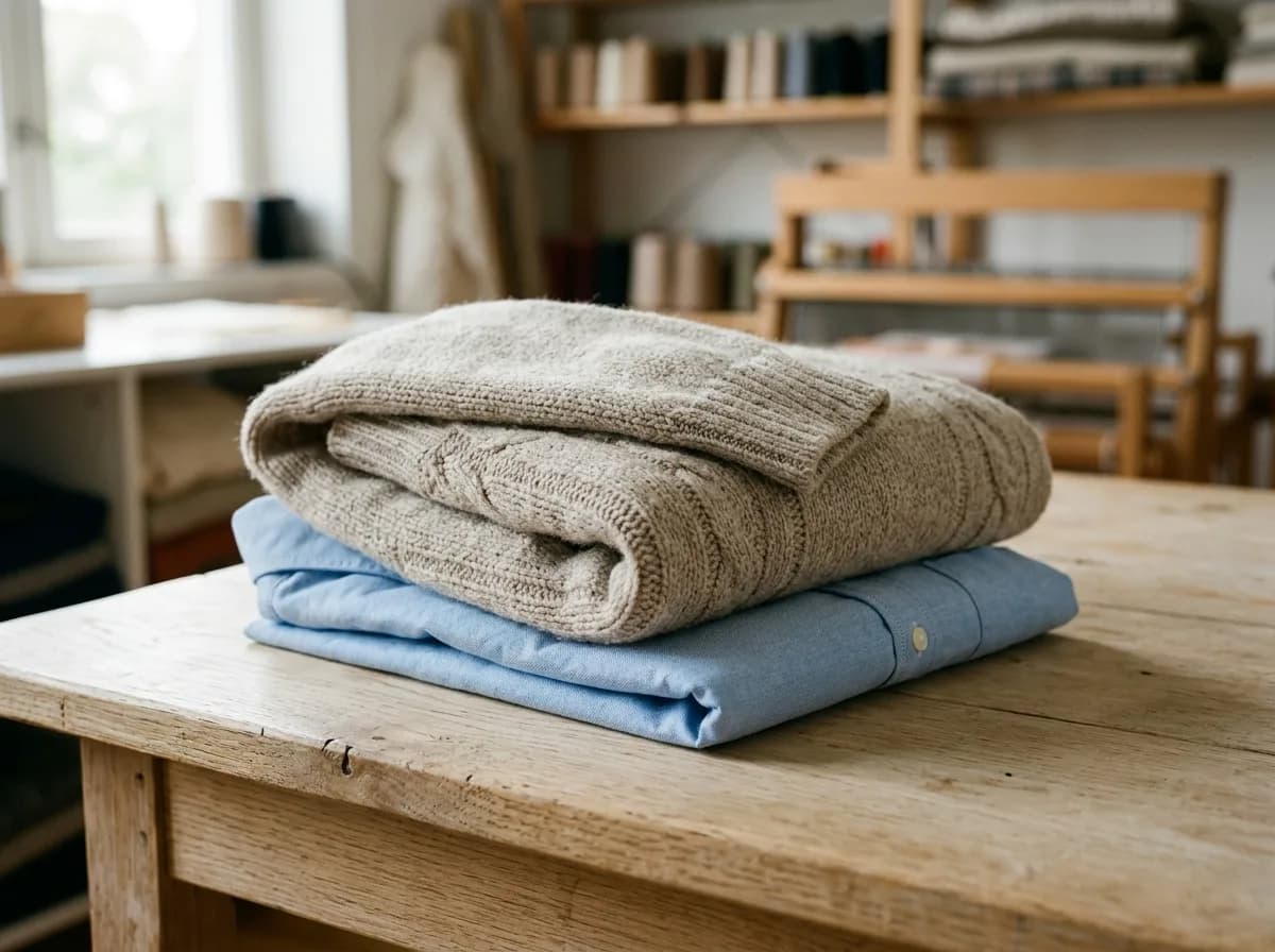 Neatly folded knitwear and a cotton shirt stacked on pale wood, showing weave and stitch detail in soft light.