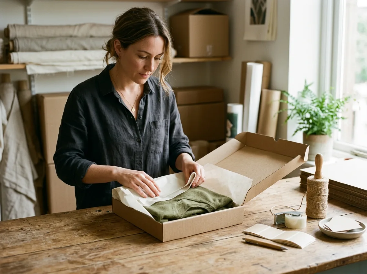 A person folding a garment into tissue paper and a plain mailer box on a packing bench, with twine nearby.